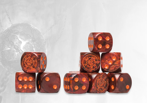 Dweghom Logo on Red Marbled Dice - 24 per pack